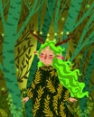 Illustration of a little fantasy nymph with green hair and deer horns in a fairy forest.