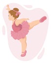 Illustration, a little full girl ballerina in a pink dress and pointe shoes. Girl dancing. Print, cartoon illustration