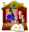 Illustration of little funny mice reading the book at night. Royalty Free Stock Photo