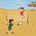 Illustration of a little girl and a little boy playing tennis on the beach sand. Acrylic technique. Royalty Free Stock Photo