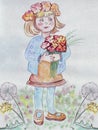 Illustration of a little girl in the dress garnished with flowers and berries in a puppet image