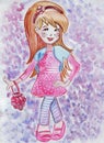 Illustration of a little girl in the dress garnished with flowers and berries in a puppet image