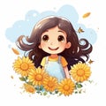 an illustration of a little girl in a field of sunflowers