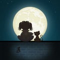 Little girl looking the moon sitting on the wall Royalty Free Stock Photo