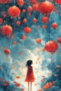 Illustration with little girl and sky red balloons. Ai Royalty Free Stock Photo