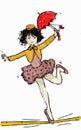 illustration of little girl on trapeze circus show, with red umbrella and costume