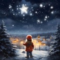 Illustration of a little girl in a winter landscape looking at the stars in the night sky. The Christmas star as a symbol of the Royalty Free Stock Photo