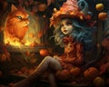 an illustration of a little girl in a witch costume with pumpkins and cats