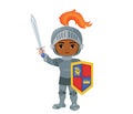 Illustration of little knight holding a sword and armor.