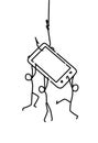 Illustration of little men on a pen. Vector. Smartphone as bait. Dependence on the phone and the Internet. Linear style.