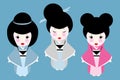 Little japan dolls with different hairstyles isolated on blue