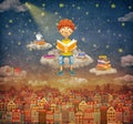 Illustration of little young ginger boy reading a book on cloud Royalty Free Stock Photo