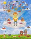 Illustration of little young ginger boy reading a book on cloud Royalty Free Stock Photo