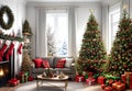 Illustration of a living room with a christmas tree and gifts