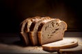 loaf of bread, sliced bread on old wood table. Created with Generative AI