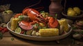 Illustration from lobster plate with corn on table created with Generative AI technology Royalty Free Stock Photo