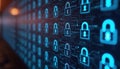 Illustration of locked data files on screen displaying lock symbols. Secure, encrypted data with ethical safeguarding