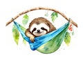 Illustration for a logo or t-shirt in watercolor of a charming sloth lounging in a hammock, isolated on a white background.
