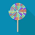 Illustration, lollipop, realistic multicolored spiral candies on a blue background. Baby print, holiday decor