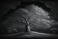 Illustration of a lonely, black and white tree.