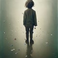Illustration of a lonely child standing on the street,worn out clothes, dirt on the floor, silhouette of an orphan Royalty Free Stock Photo