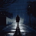Illustration of a Lonely Man Walking Alone in the Dark Royalty Free Stock Photo