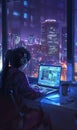 illustration of lonely solitude girl studying and coding with laptop by window with night city view, young woman Royalty Free Stock Photo