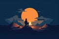 Illustration of a lonely traveler watching the sunset while sitting by the fire