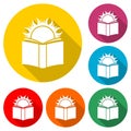 Illustration of a long shadow bright sun icon with a book Royalty Free Stock Photo