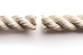 A long white rope with two ends, one end broken off, isolated on a solid background. the cut end of the cable is visible, sho Royalty Free Stock Photo