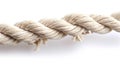 A long white rope with two ends, one end broken off, isolated on a solid background. the cut end of the cable is visible, sho Royalty Free Stock Photo