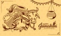 Illustration of Lord krishna, cow and dahi handi celebration in happy janmashtami festival of india. translation in english jai Royalty Free Stock Photo