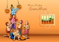 Lord Krishna and his friend stealing makhan from Dahi handi celebration in Happy Janmashtami festival background of