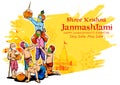 Lord Krishna and his friend stealing makhan from Dahi handi celebration in Happy Janmashtami festival background of Royalty Free Stock Photo