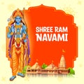 Lord Rama with bow arrow with Hindi text meaning Shree Ram Navami celebration background for religious holiday of India