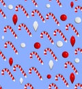 Illustration of a lots of small Christmas candies and ornaments on bright blue background.