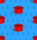 Illustration of a lots of small red gift boxes on trendy pastel blue color background.