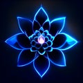 Illustration of a lotus flower in blue neon light on a black background generative AI Royalty Free Stock Photo