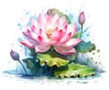 Illustration of a lotus flower image in pink and green, inspired by serene and peaceful landscapes and meditation. Generative AI