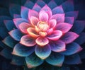 Illustration of a lotus flower image in pink and green, inspired by serene and peaceful landscapes and meditation. Generative AI