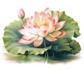 Illustration of a lotus flower image in pink and green, inspired by serene and peaceful landscapes and meditation. Generative AI