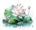 Illustration of a lotus flower image in pink and green, inspired by serene and peaceful landscapes and meditation. Generative AI