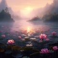 Illustration lotus lake in the fog at dawn