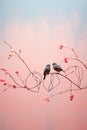 Illustration of love birds on the branch , pinkish sunset background. Valentines day love and romance