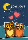 Illustration Love. 2 Cute owls in love. Be My Valentine. Valentine card I Love YOU, Be My Valentine.