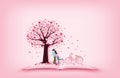 Illustration of love with a lovers hug each other and a bike under love tree. Digital craft paper art valentines day concept