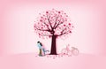 Illustration of love with a lovers hug each other and a bike under love tree. Digital craft paper art valentines day concept