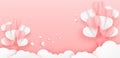 Illustration of love. Paper balloon flying over cloud with gift box float on pink background. Valentines Day concept.