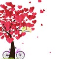 Illustration of love and valentine day, love birds sit on a branch with pink bike and a tree made out of hearts. paper art and Royalty Free Stock Photo