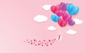 Illustration of love and valentine day with heart baloon, gift and clouds. Paper cut style. Royalty Free Stock Photo